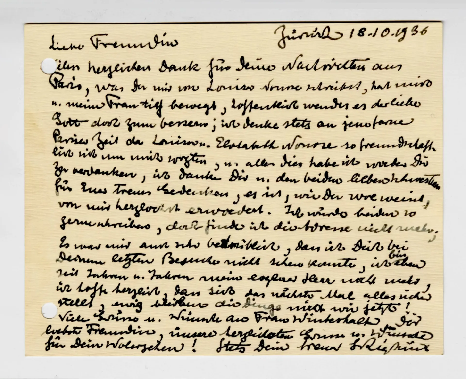 Brief von Sigismund Righini an Ottilie W. Roederstein, 18. Oktober 1936