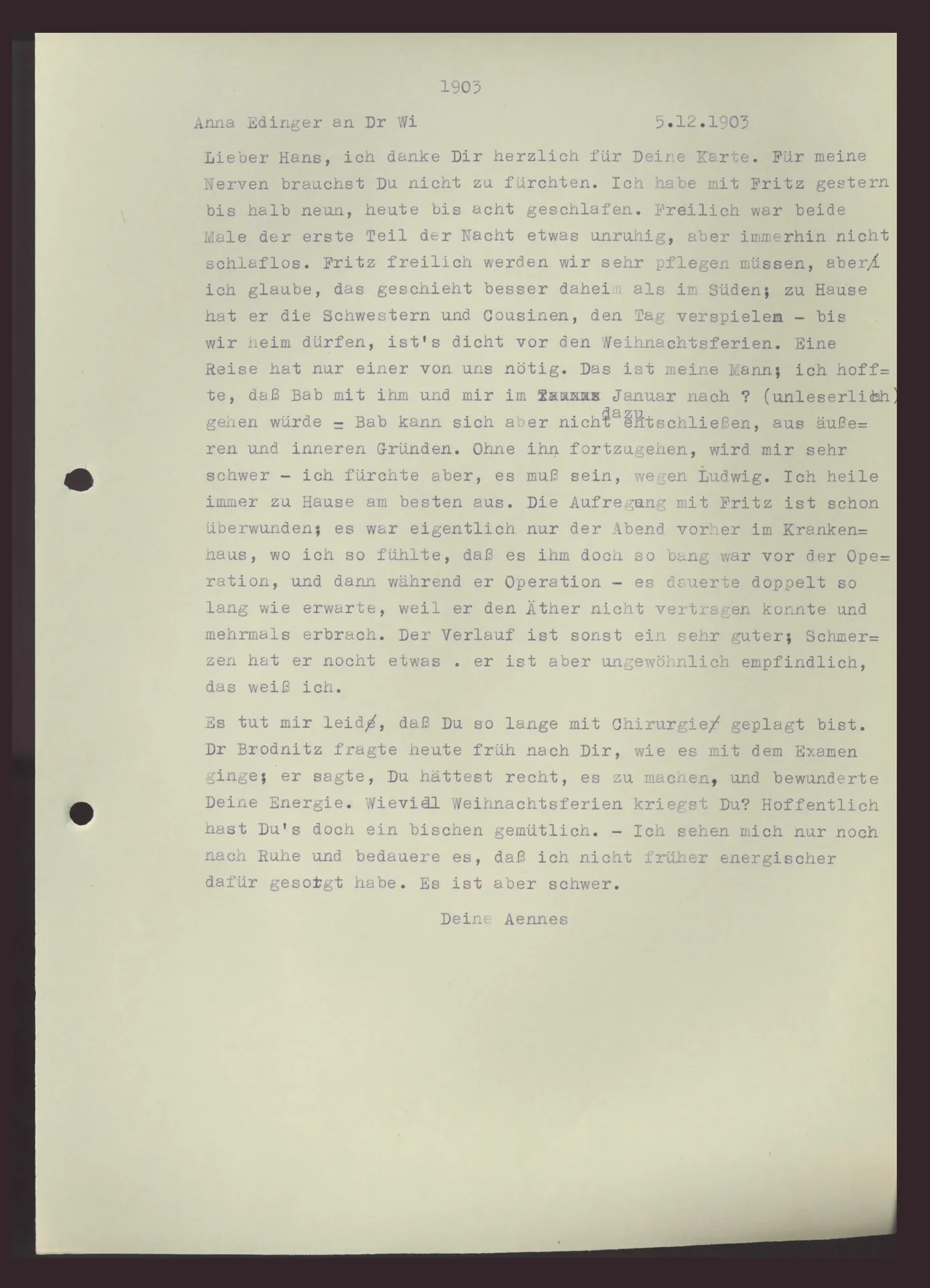 Brief (Transkript) von Anna Edinger an Elisabeth H. Winterhalter, 5. Dezember 1903