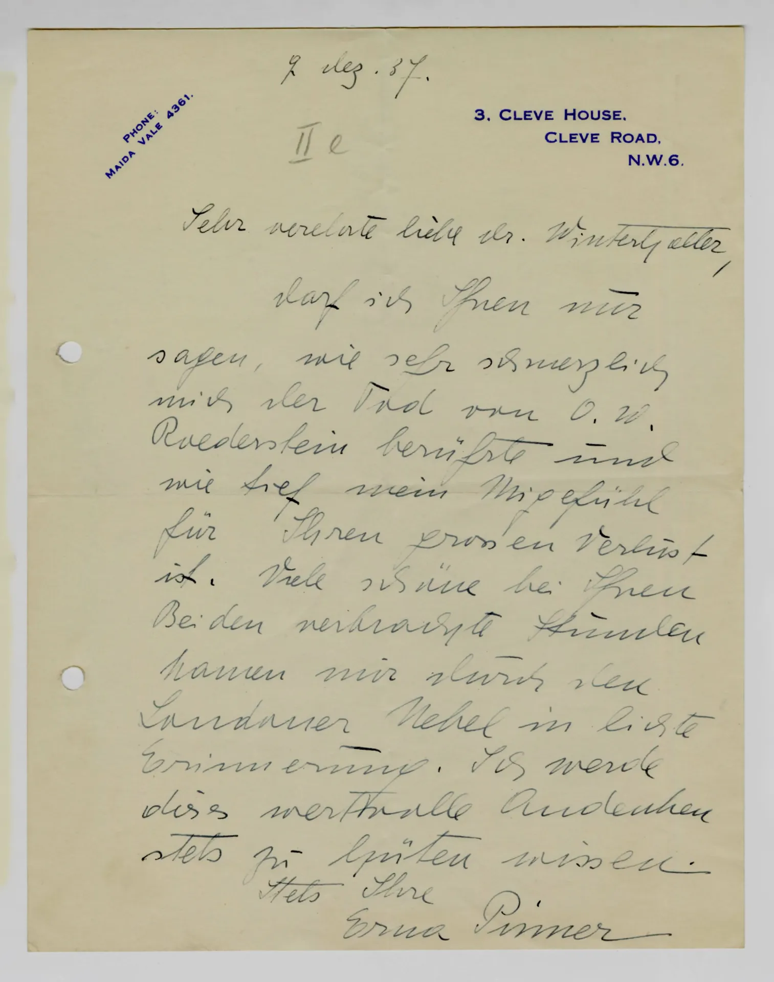 Brief von Erna Pinner an Elisabeth H. Winterhalter, 9. Dezember 1937