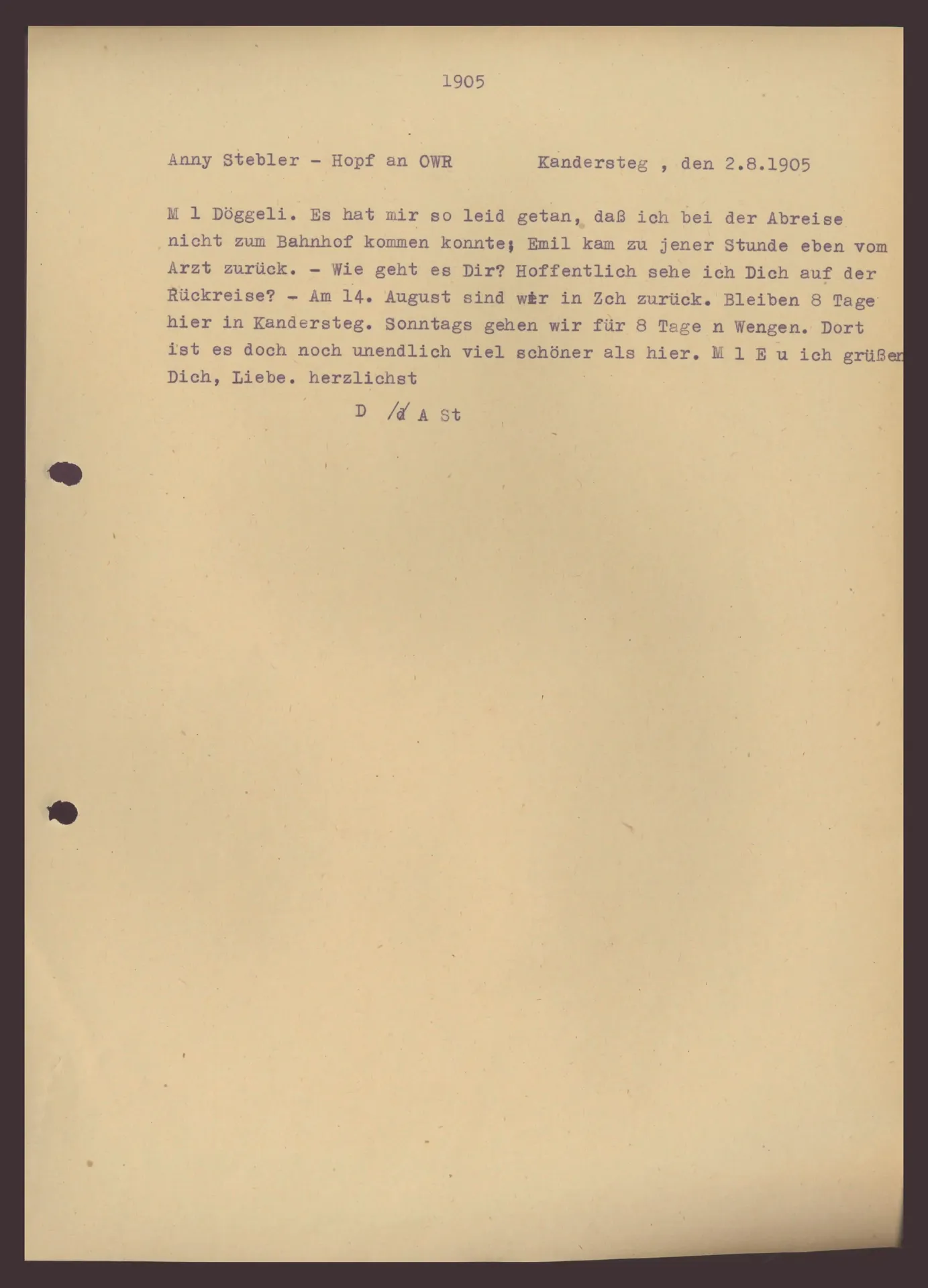 Postkarte (Transkript) von Anny Stebler-Hopf an Ottilie W. Roederstein, 2. August 1905