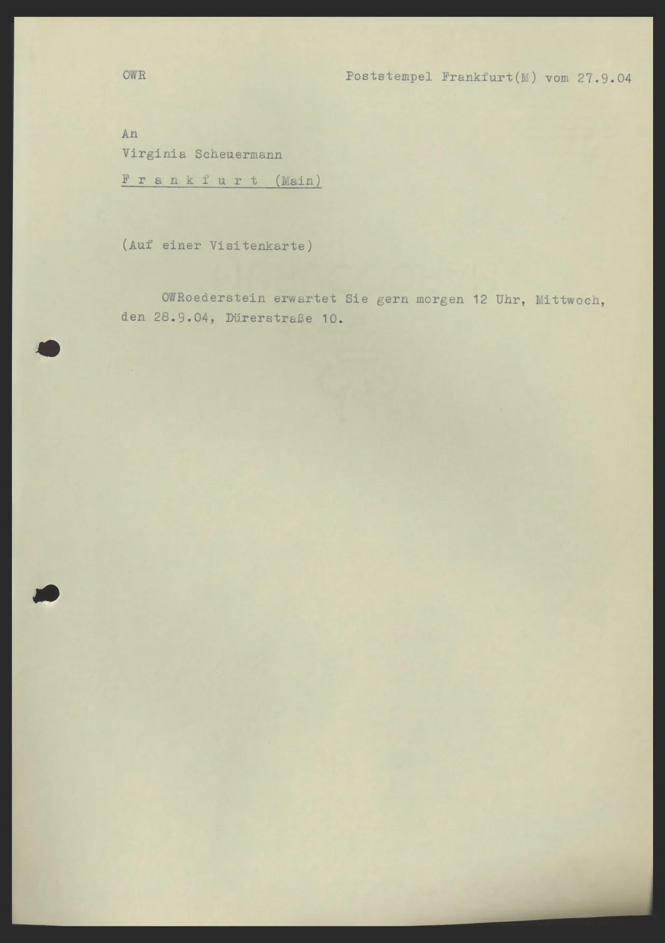 Brief (Transkript) von Ottilie W. Roederstein an Julia Virginia Scheuermann, 27. September 1904
