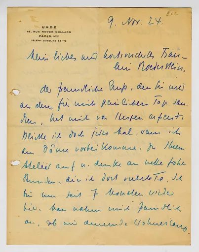 Brief von Wilhelm Uhde an Ottilie W. Roederstein, 9. November 1924