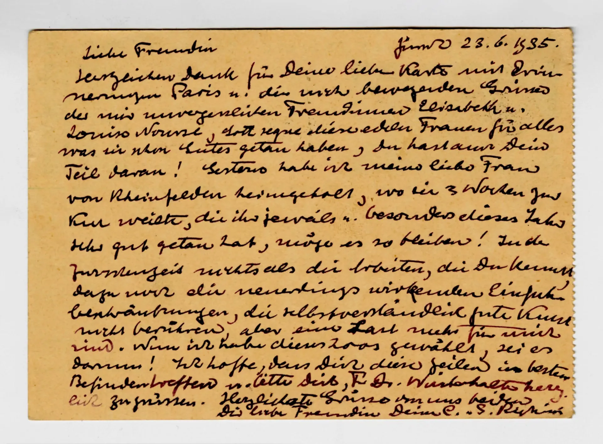 Postkarte von Sigismund Righini an Ottilie W. Roederstein, 23. Juni 1935