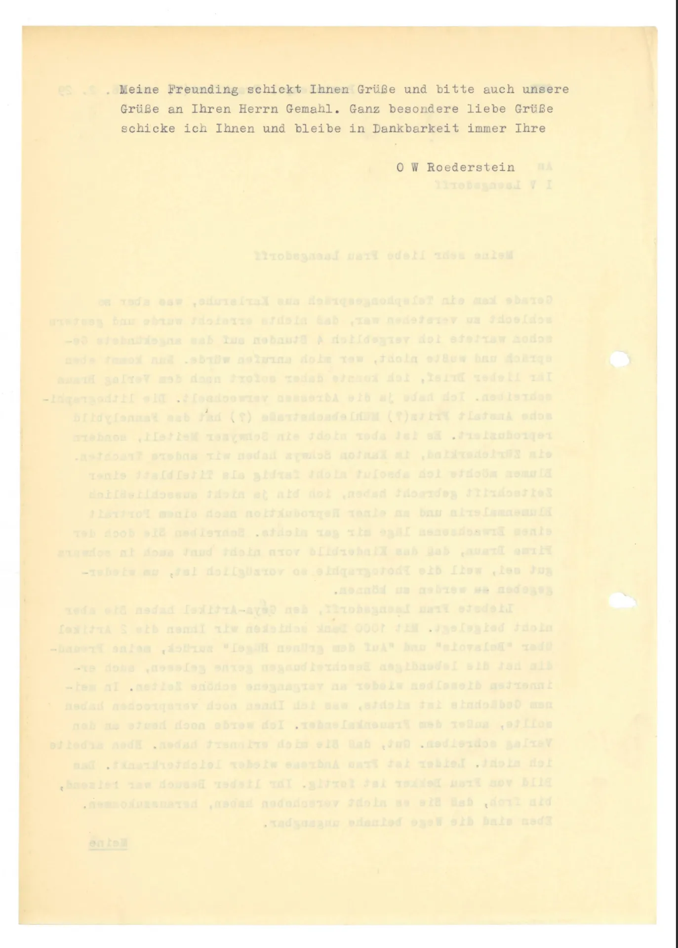 Brief (Transkript) von Ottilie W. Roederstein an Julia Virginia Laengsdorff, 26. Februar 1929