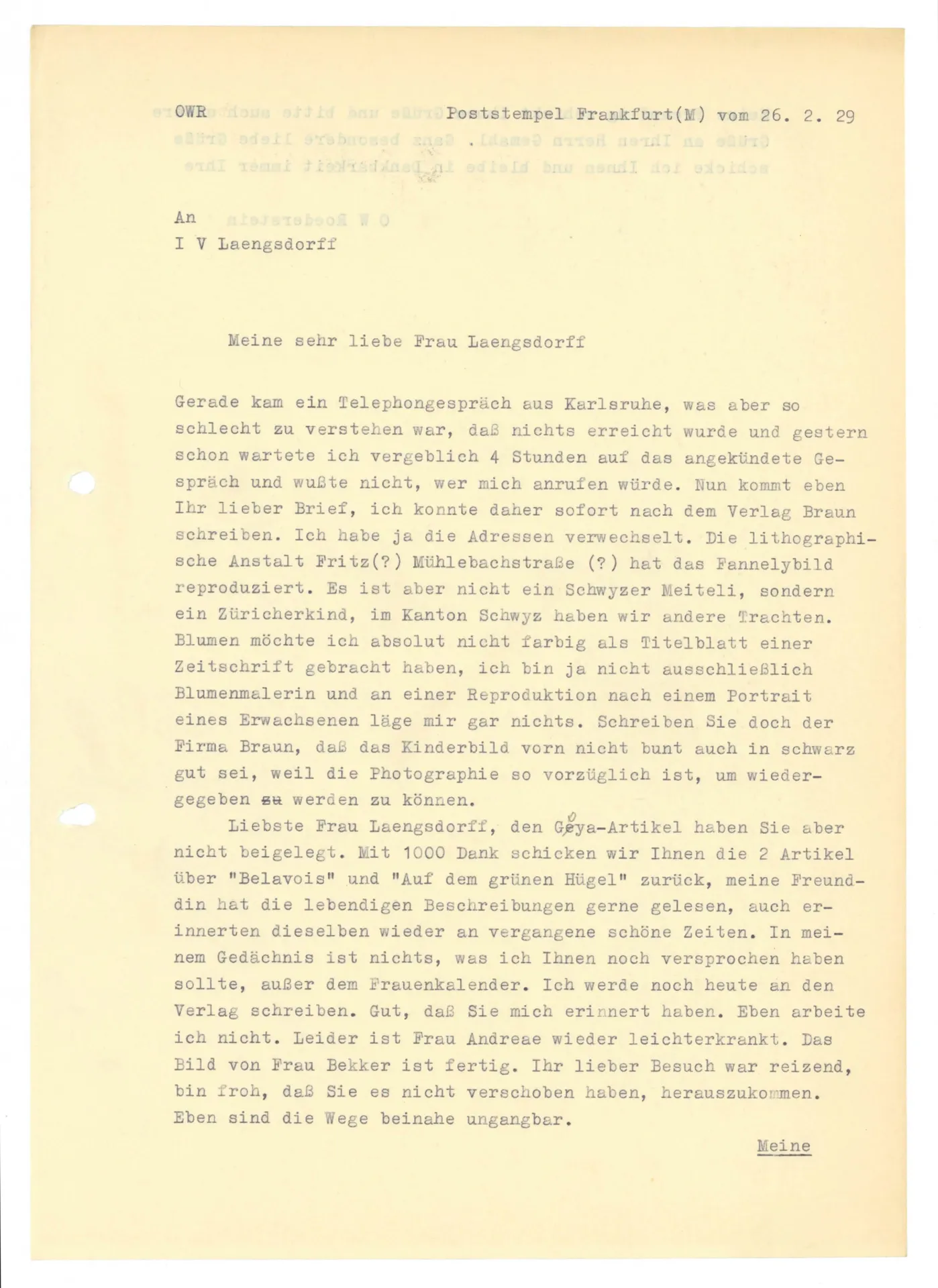 Brief (Transkript) von Ottilie W. Roederstein an Julia Virginia Laengsdorff, 26. Februar 1929