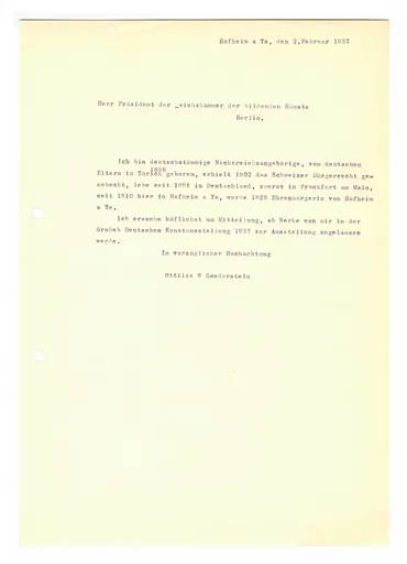 Brief (Transkript) von Ottilie W. Roederstein an die Reichskammer der bildenden Künste Berlin, 2. Februar 1937