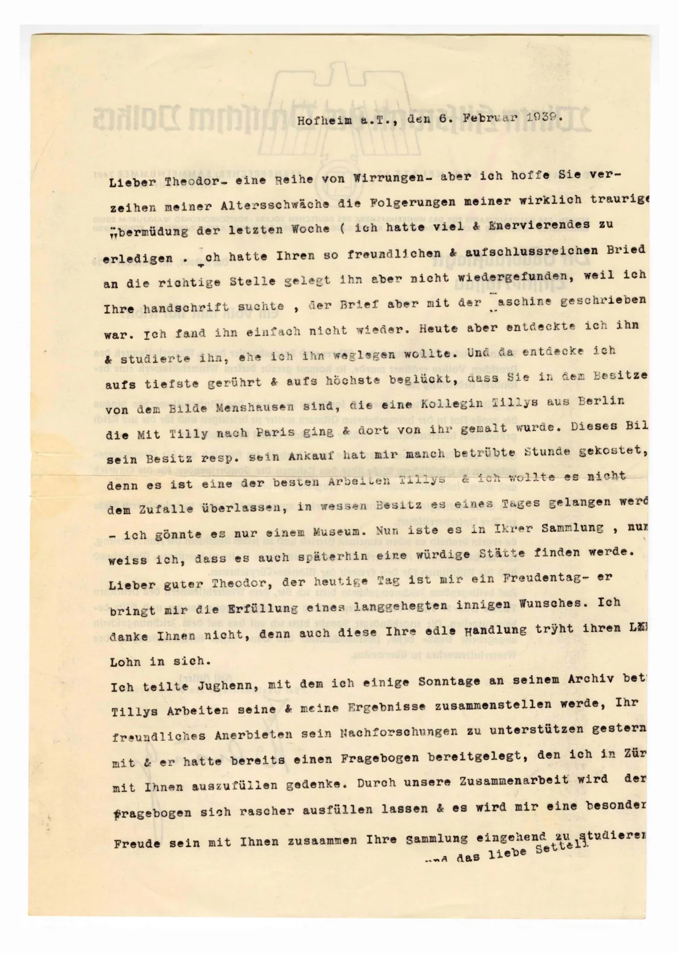 Brief von Elisabeth H. Winterhalter an Theodor Wolfensperger, 26. Februar 1939