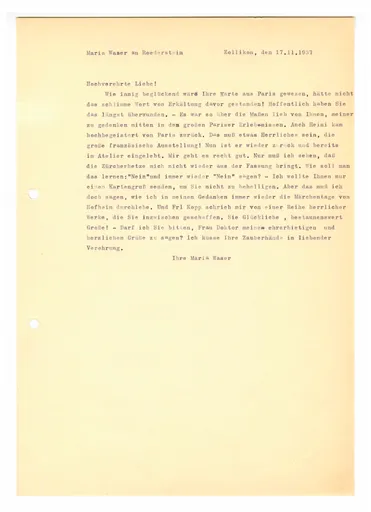 Postkarte (Transkript) von Maria Waser an Ottilie W. Roederstein, 17. November 1937