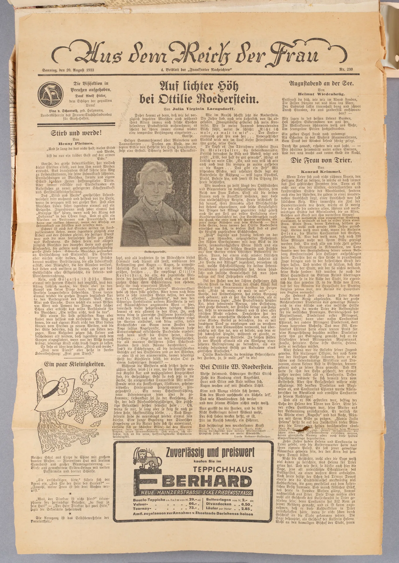 Julia Virginia Laengsdorff, Auf lichter Höh bei Ottilie Roederstein, in: Aus dem Reich der Frau, 4. Beiblatt der Frankfurter Nachrichten, Nr. 230, 20. August 1933