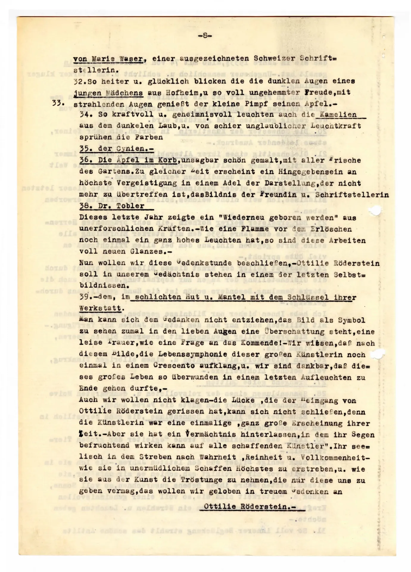 Ottilie W. Roederstein. Worte zu ihrem Gedächtnis, gesprochen am 23. Januar 1938 von Cläre Mehs-Luthmer für die GEDOK Frankfurt (Transkript)