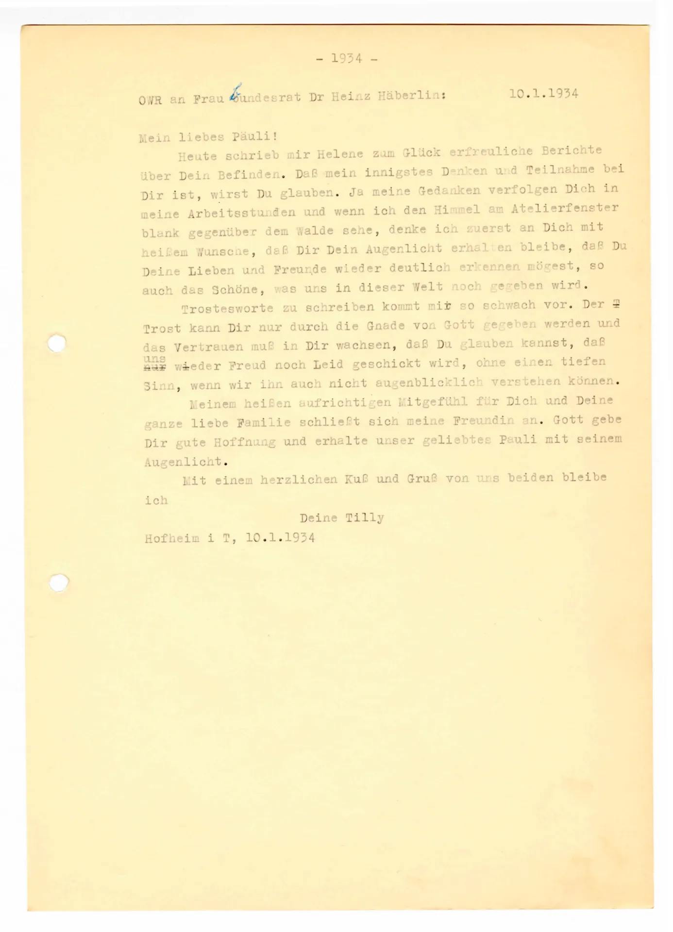 Brief (Transkript) von Ottilie W. Roederstein an Paula Häberlin, 10. Januar 1934