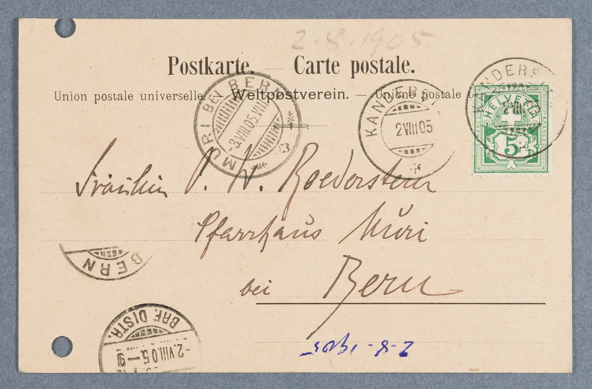 Postkarte von Anny Stebler-Hopf an Ottilie W. Roederstein, 2. August 1905