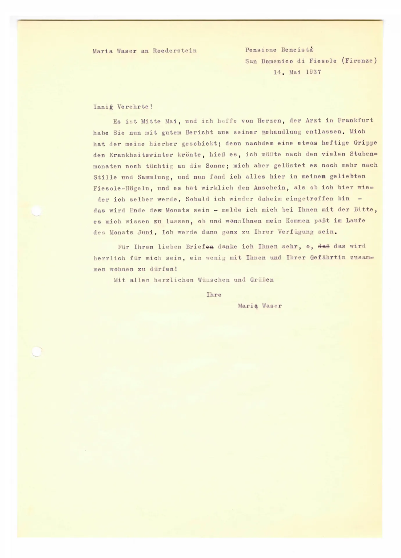 Brief (Transkript) von Maria Waser an Ottilie W. Roederstein, 14. Mai 1937