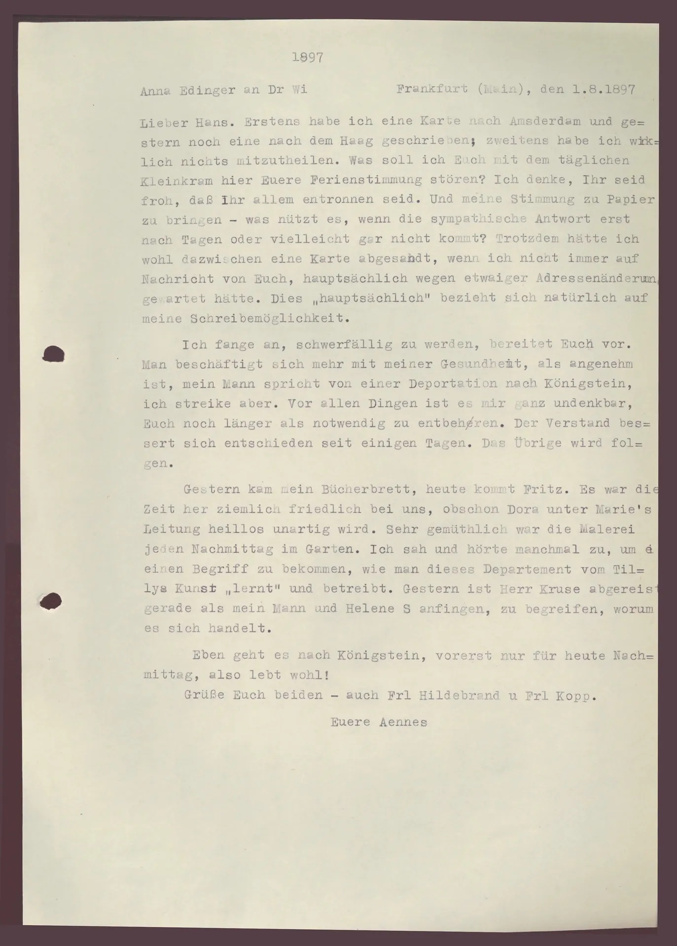 Brief (Transkript) von Anna Edinger an Elisabeth H. Winterhalter, 1. August 1897