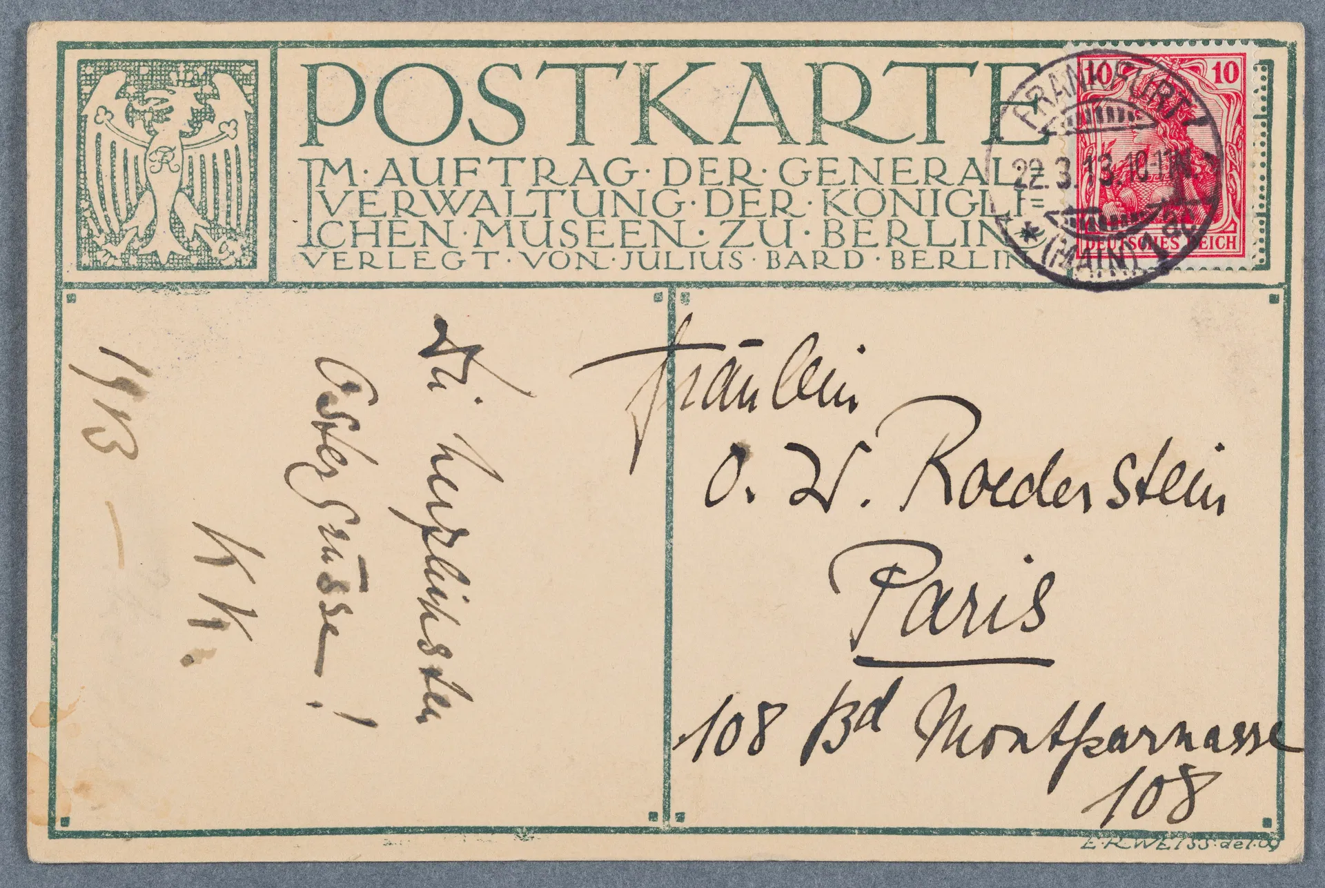 Postkarte von "KK" an Ottilie W. Roederstein, 22. März 1913