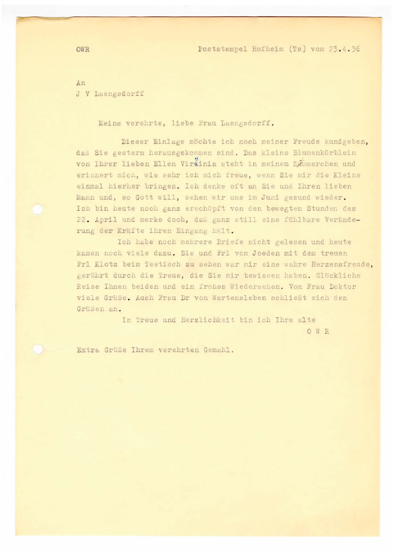 Brief (Transkript) von Ottilie W. Roederstein an Julia Virginia Laengsdorff, 23. April 1936