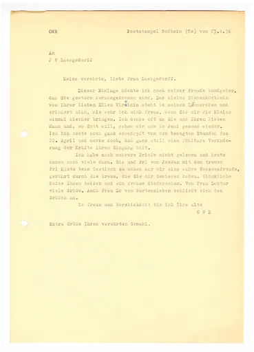 Brief (Transkript) von Ottilie W. Roederstein an Julia Virginia Laengsdorff, 23. April 1936