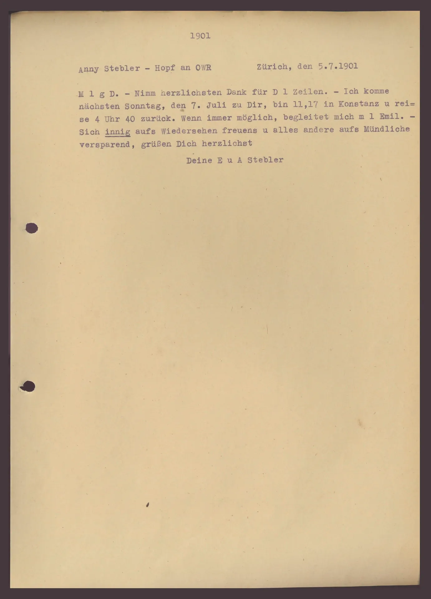 Postkarte (Transkript) von Anny Stebler-Hopf an Ottilie W. Roederstein, 5. Juli 1901