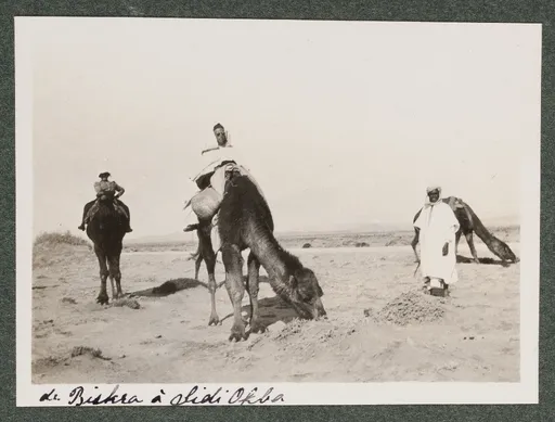 Elisabeth H. Winterhalter und zwei Reiseführer mit Dromedaren in der Wüste zwischen Biskra und Sidi Okba