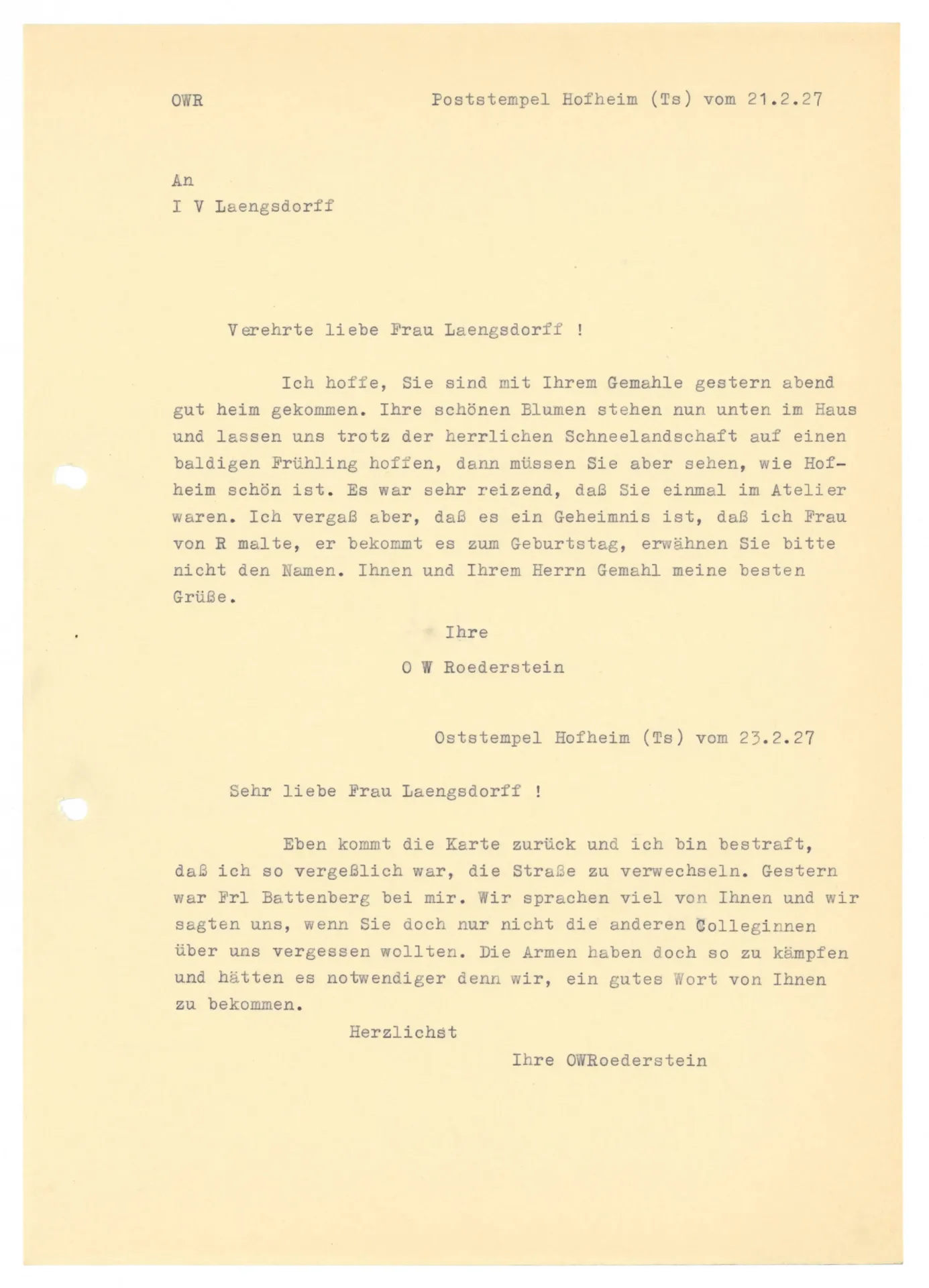 Briefe (Transkript) von Ottilie W. Roederstein an Julia Virginia Laengsdorff, 21. und 23. Februar 1927