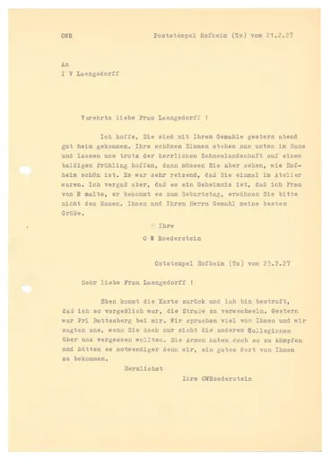 Briefe (Transkript) von Ottilie W. Roederstein an Julia Virginia Laengsdorff, 21. und 23. Februar 1927