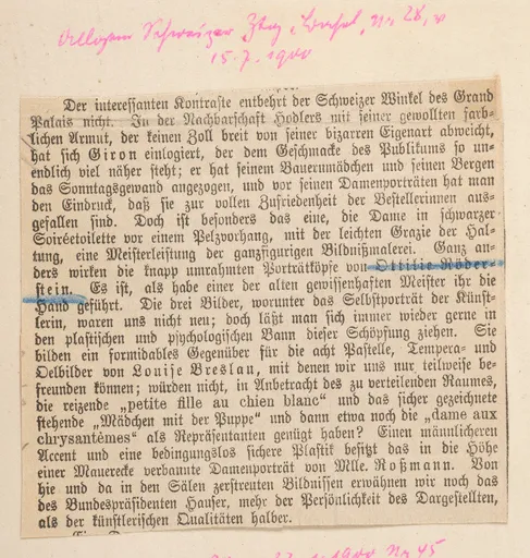 Rezension (Ausschnitt) der Ausstellung Schweizer Kunst auf der Pariser Weltausstellung 1900, in: Allgemeine Schweizer Zeitung, Basel, Nr. 28, 15. Juli 1900