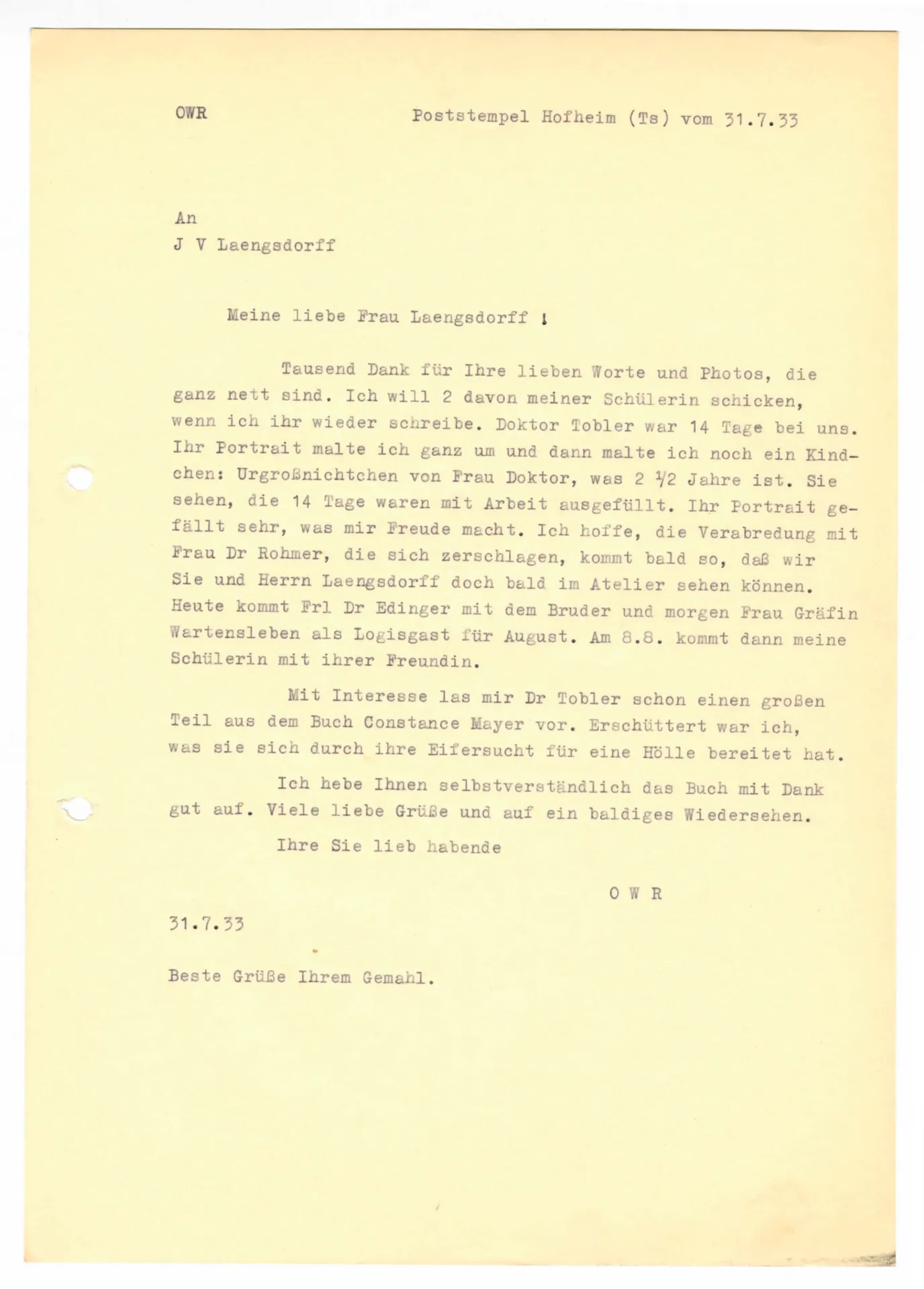 Brief (Transkript) von Ottilie W. Roederstein an Julia Virginia Laengsdorff, 31. Juli 1933