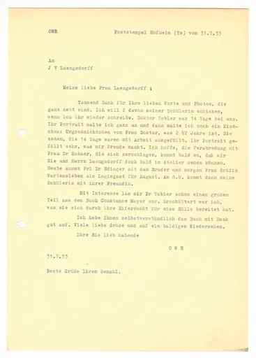 Brief (Transkript) von Ottilie W. Roederstein an Julia Virginia Laengsdorff, 31. Juli 1933