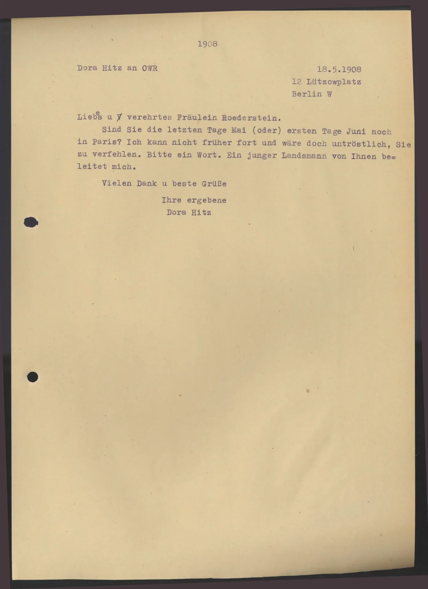 Brief (Transkript) von Dora Hitz an Ottilie W. Roederstein, 18. Mai 1908