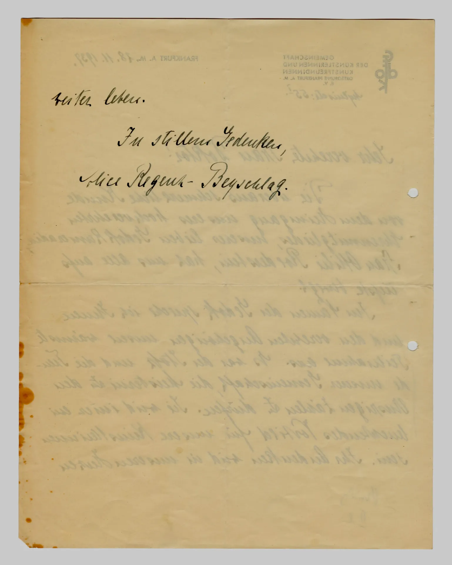 Brief von Alice Regent-Beyschlag, GEDOK Frankfurt, an Elisabeth H. Winterhalter, 28. November 1937