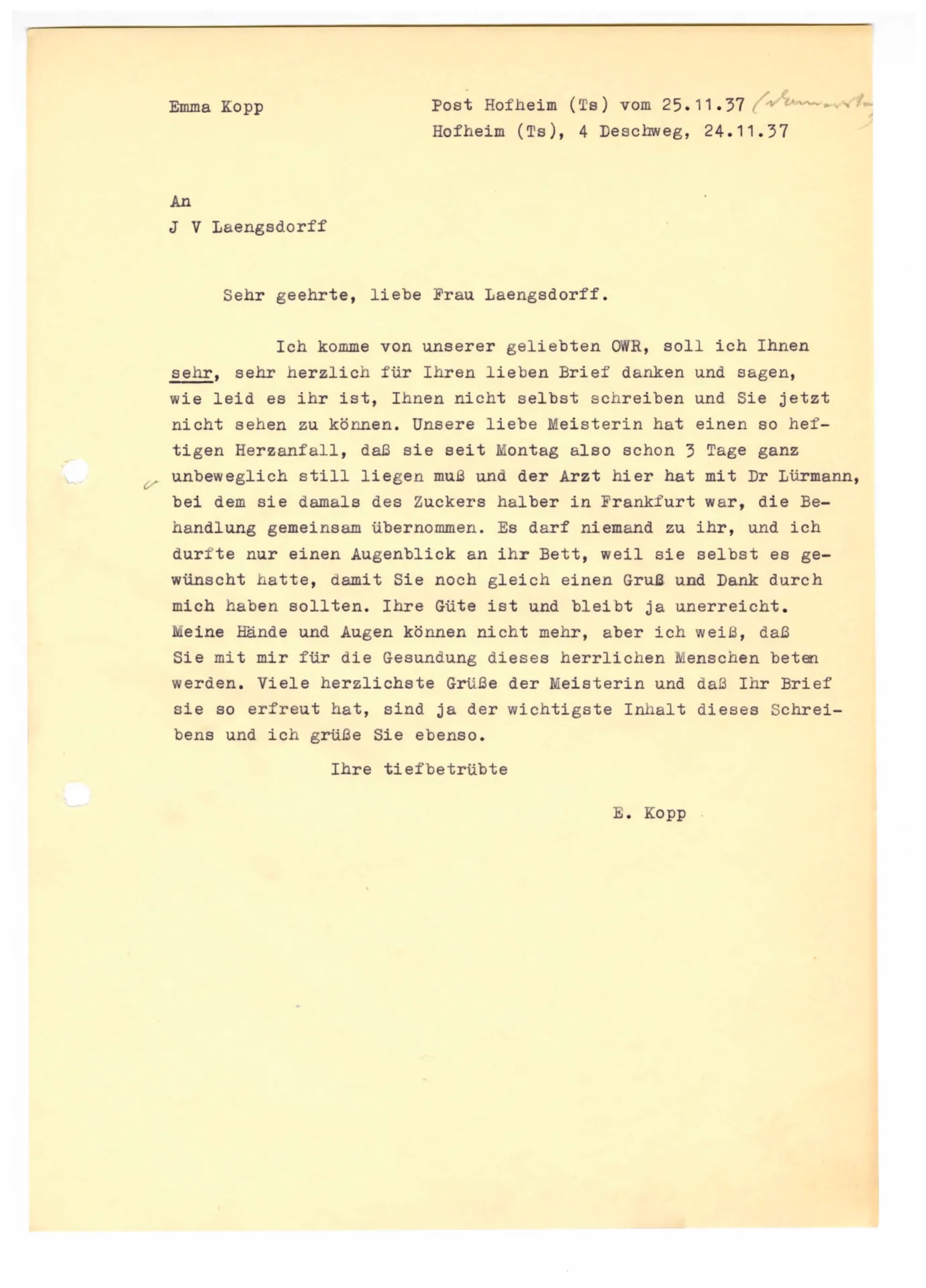 Brief (Transkript) von Emma Kopp an Julia Virginia Laengsdorff, 24. November 1937