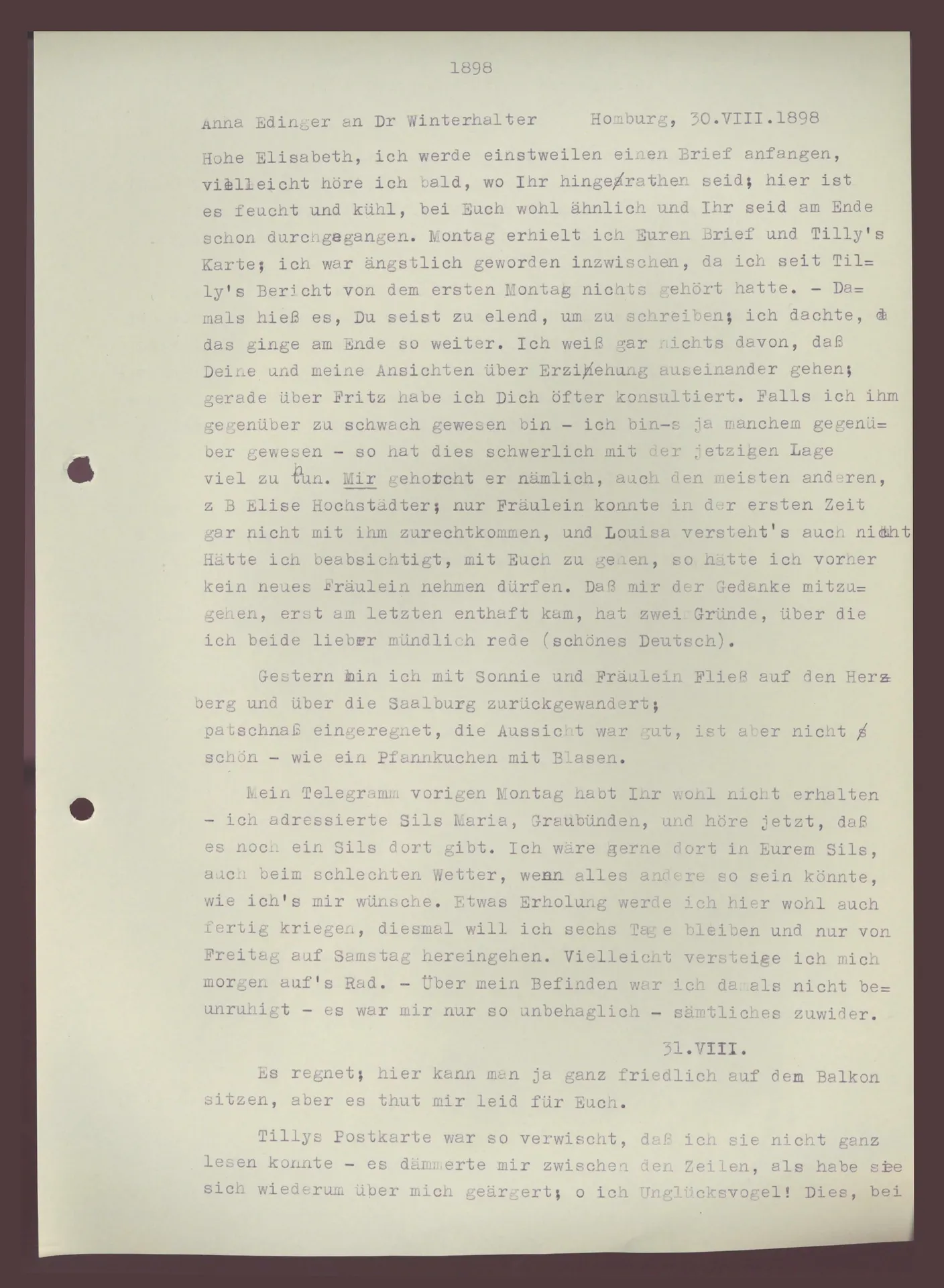 Brief (Transkript) von Anna Edinger an Elisabeth H. Winterhalter, 30. und 31. August 1898