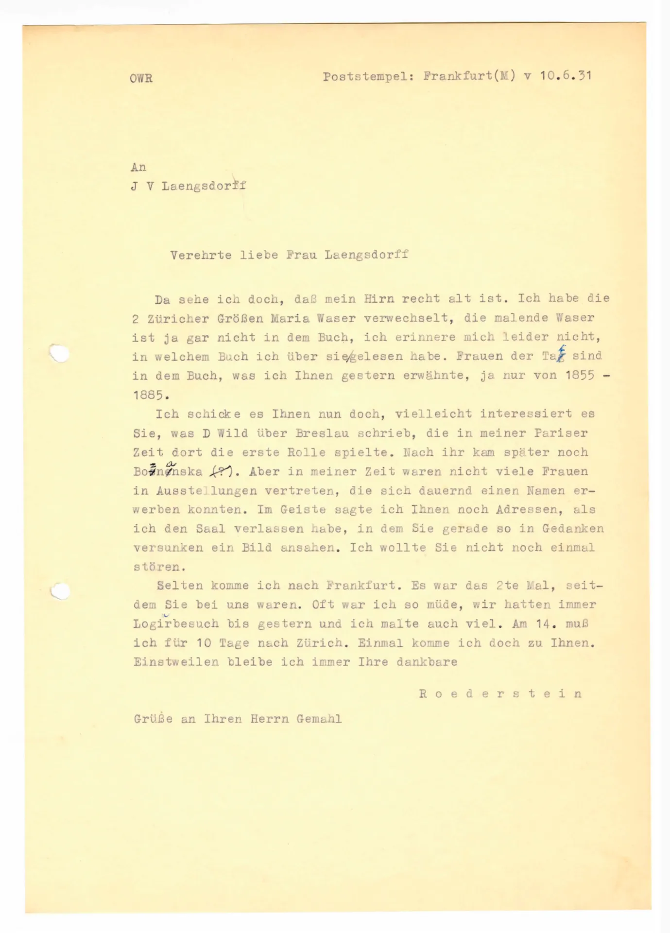 Brief (Transkript) von Ottilie W. Roederstein an Julia Virginia Laengsdorff, 10. Juni 1931