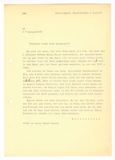 Brief (Transkript) von Ottilie W. Roederstein an Julia Virginia Laengsdorff, 10. Juni 1931