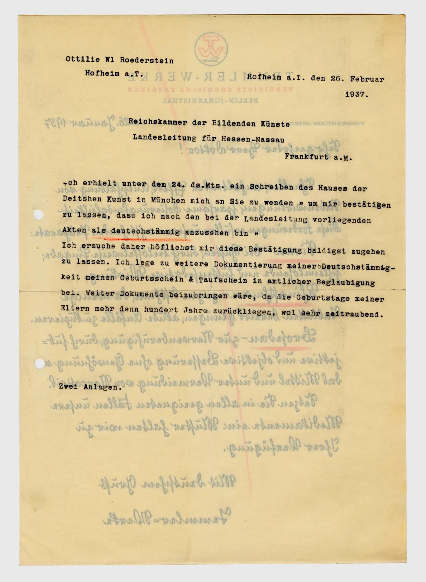 Brief von Ottilie W. Roederstein an die Reichskammer der Bildenden Künste Hessen-Nassau, 26. Februar 1937