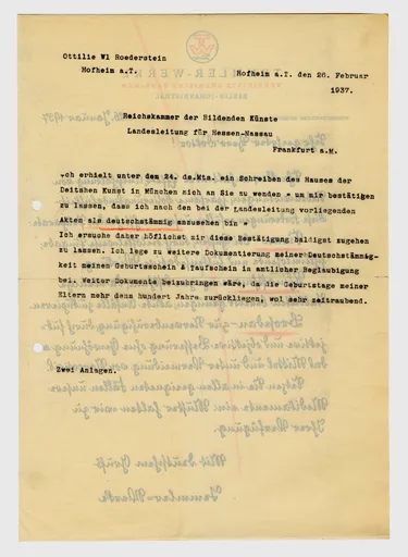 Brief von Ottilie W. Roederstein an die Reichskammer der Bildenden Künste Hessen-Nassau, 26. Februar 1937