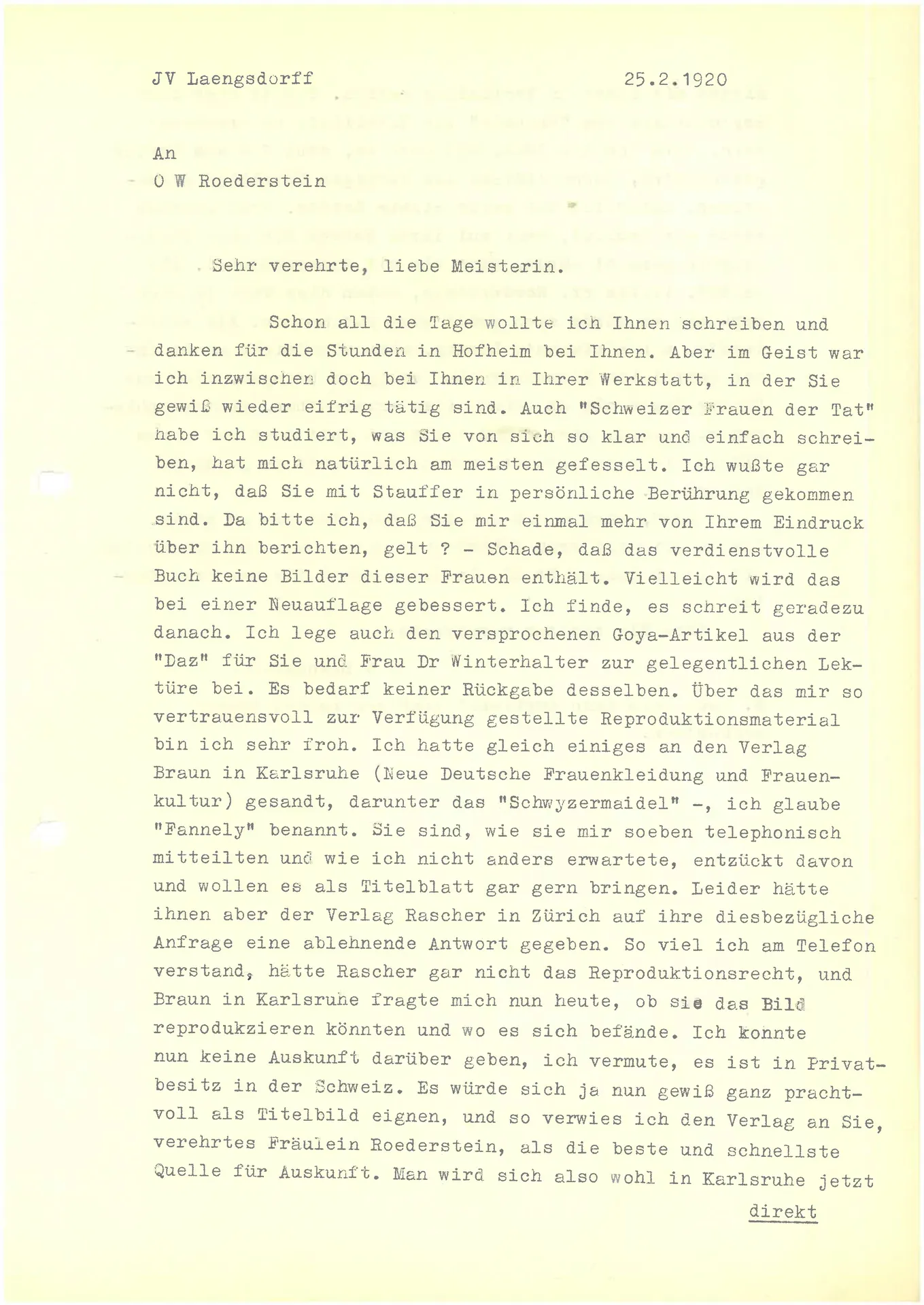 Brief (Transkript) von Julia Virginia Laengsdorff an Ottilie W. Roederstein, 25. Februar 1929