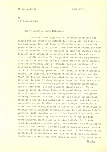 Brief (Transkript) von Julia Virginia Laengsdorff an Ottilie W. Roederstein, 25. Februar 1929