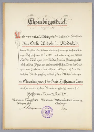 Ehrenbürgerbrief der Stadt Hofheim für Ottilie W. Roederstein, 22. April 1929
