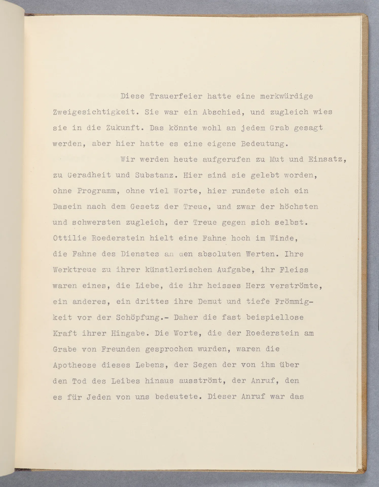 Lilli von Schnitzler-Malinckrodt, Am Sarge Ottilie Roederstein's, Grabrede zum Tod Ottilie W. Roedersteins, mit Widmung an Elisabeth H. Winterhalter, 1937