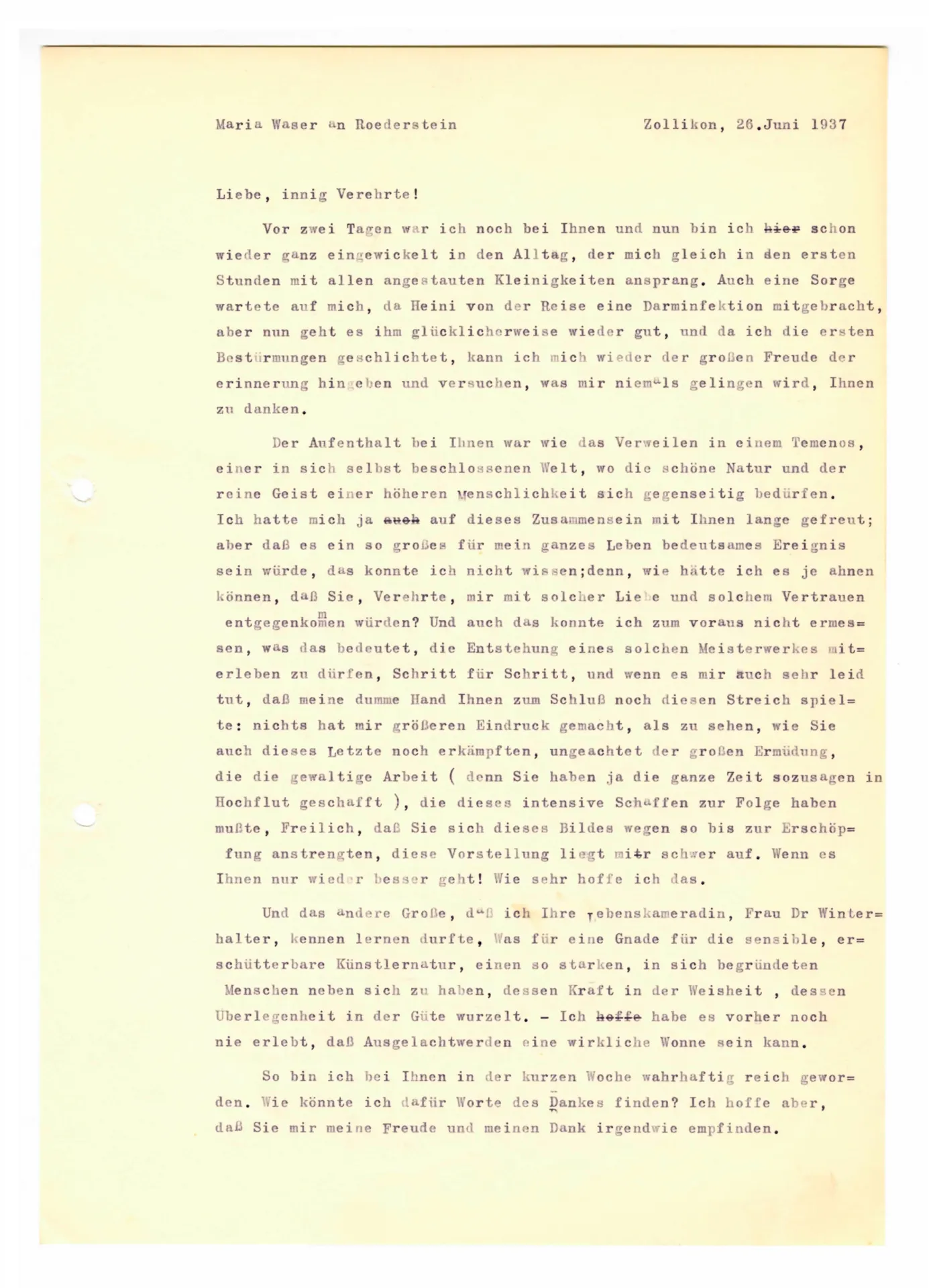 Brief (Transkript) von Maria Waser an Ottilie W. Roederstein, 26. Juni 1937