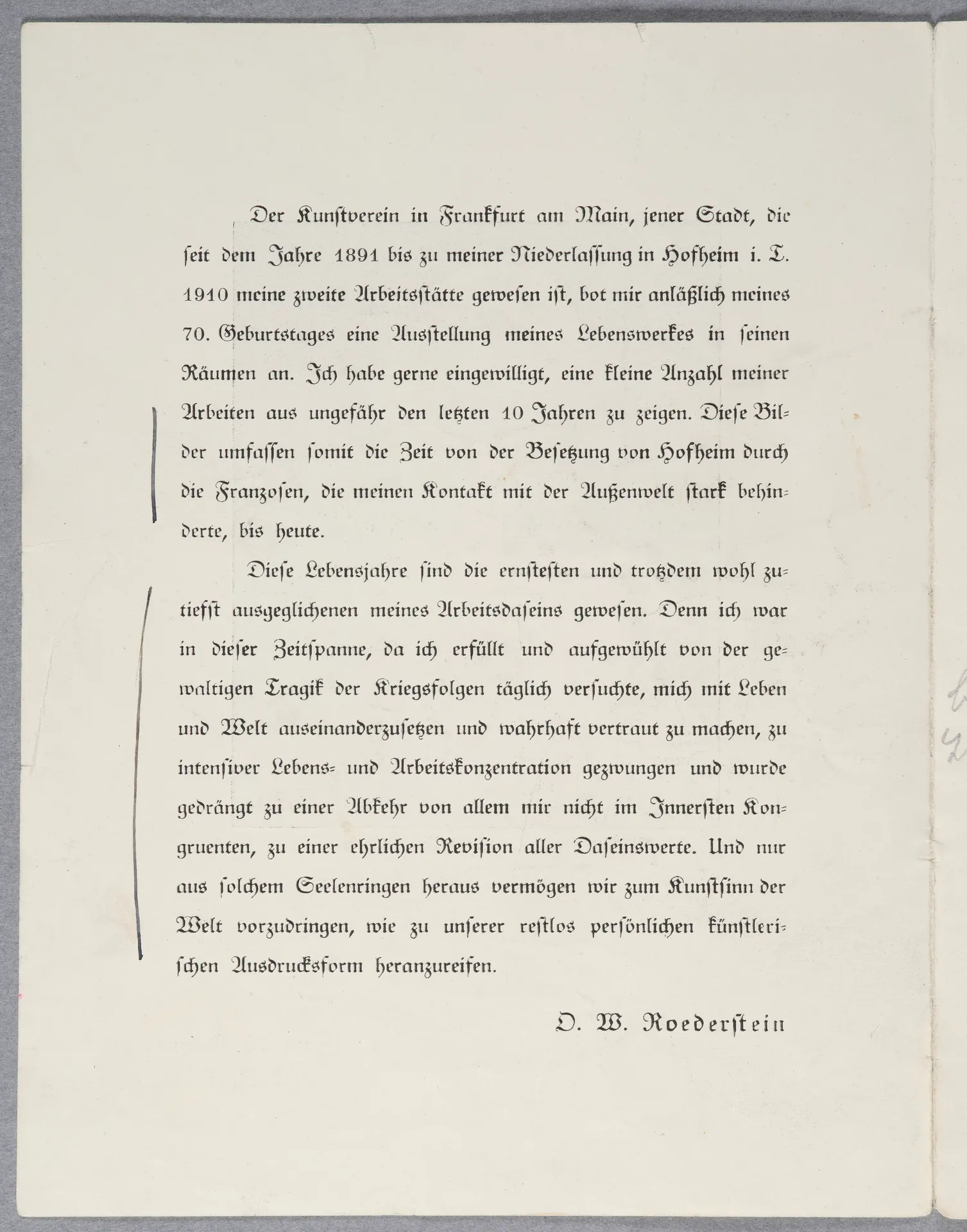O. W. Roederstein. Zum 70. Geburtstage, 22. April 1929, Ausstellung im Frankfurter Kunstverein, Ausstellungskatalog