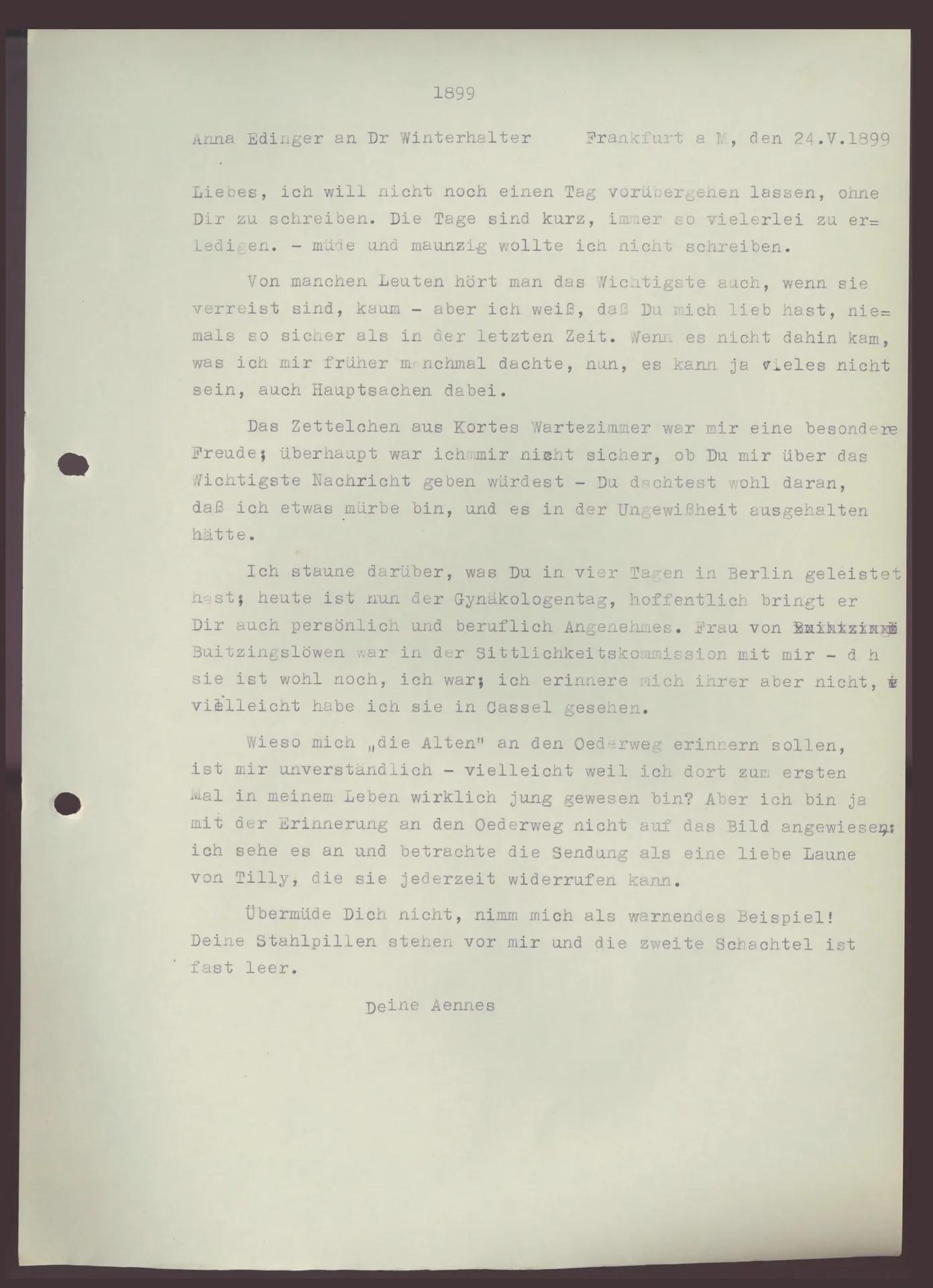 Brief (Transkript) von Anna Edinger an Elisabeth H. Winterhalter, 24. Mai 1899