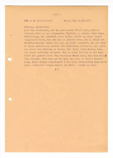 Postkarte (Transkript) von Ottilie W. Roederstein an Elisabeth H. Winterhalter, 15. Oktober 1937