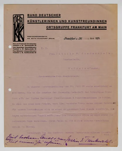 Brief des Bundes Deutscher Künstlerinnen und Kunstfreundinnen, Ortsgruppe Frankfurt am Main, an Ottilie W. Roederstein, August 1929