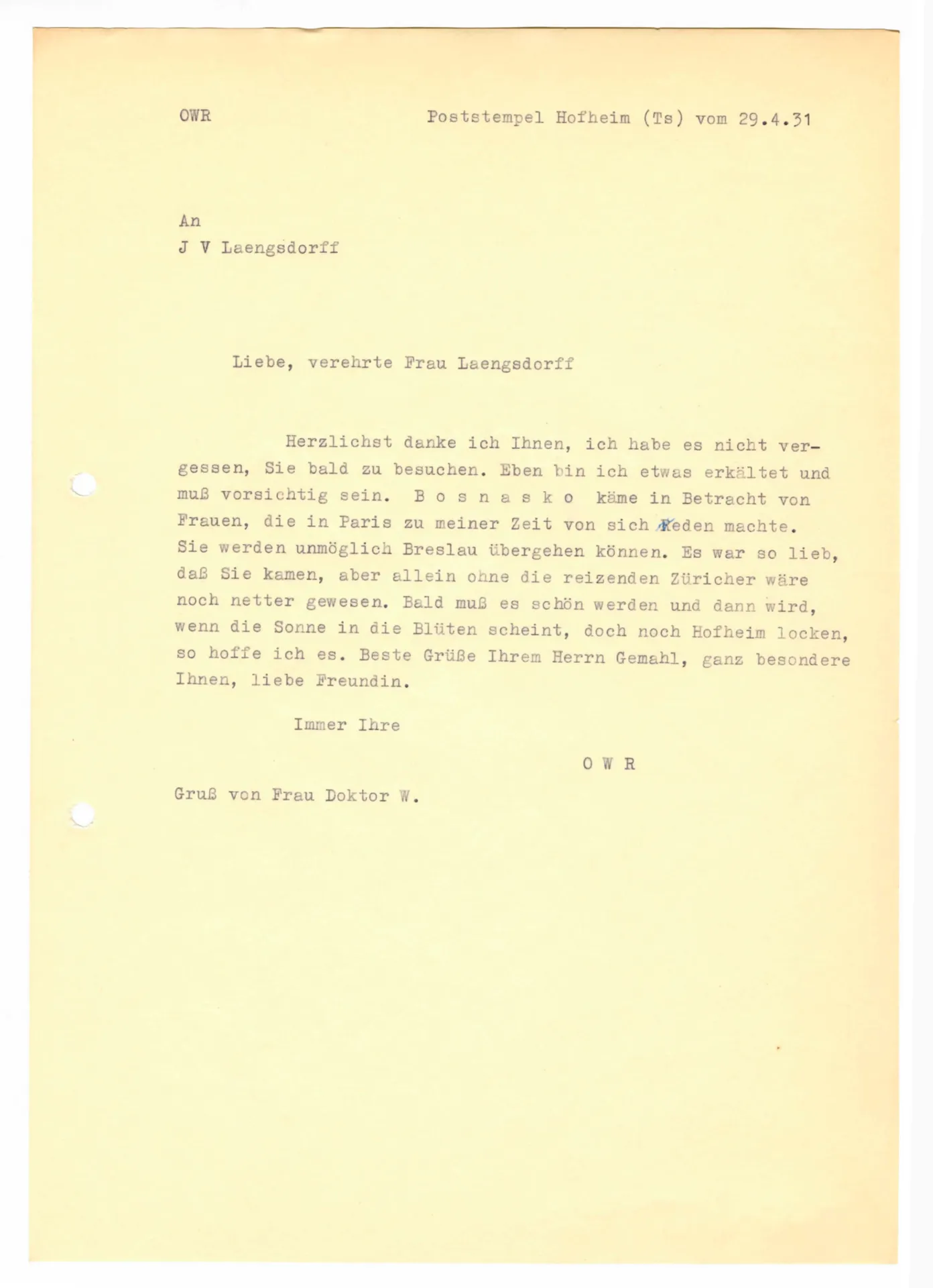 Brief (Transkript) von Ottilie W. Roederstein an Julia Virginia Laengsdorff, 29. April 1931