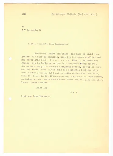 Brief (Transkript) von Ottilie W. Roederstein an Julia Virginia Laengsdorff, 29. April 1931
