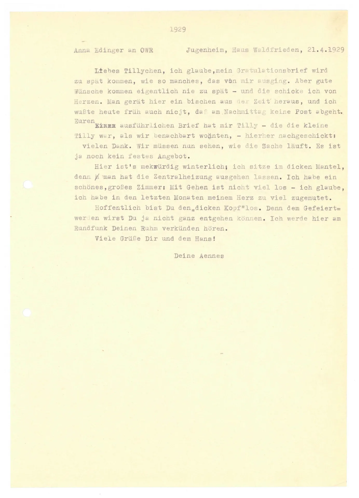 Brief (Transkript) von Anna Edinger an Ottilie W. Roederstein, 21. April 1929