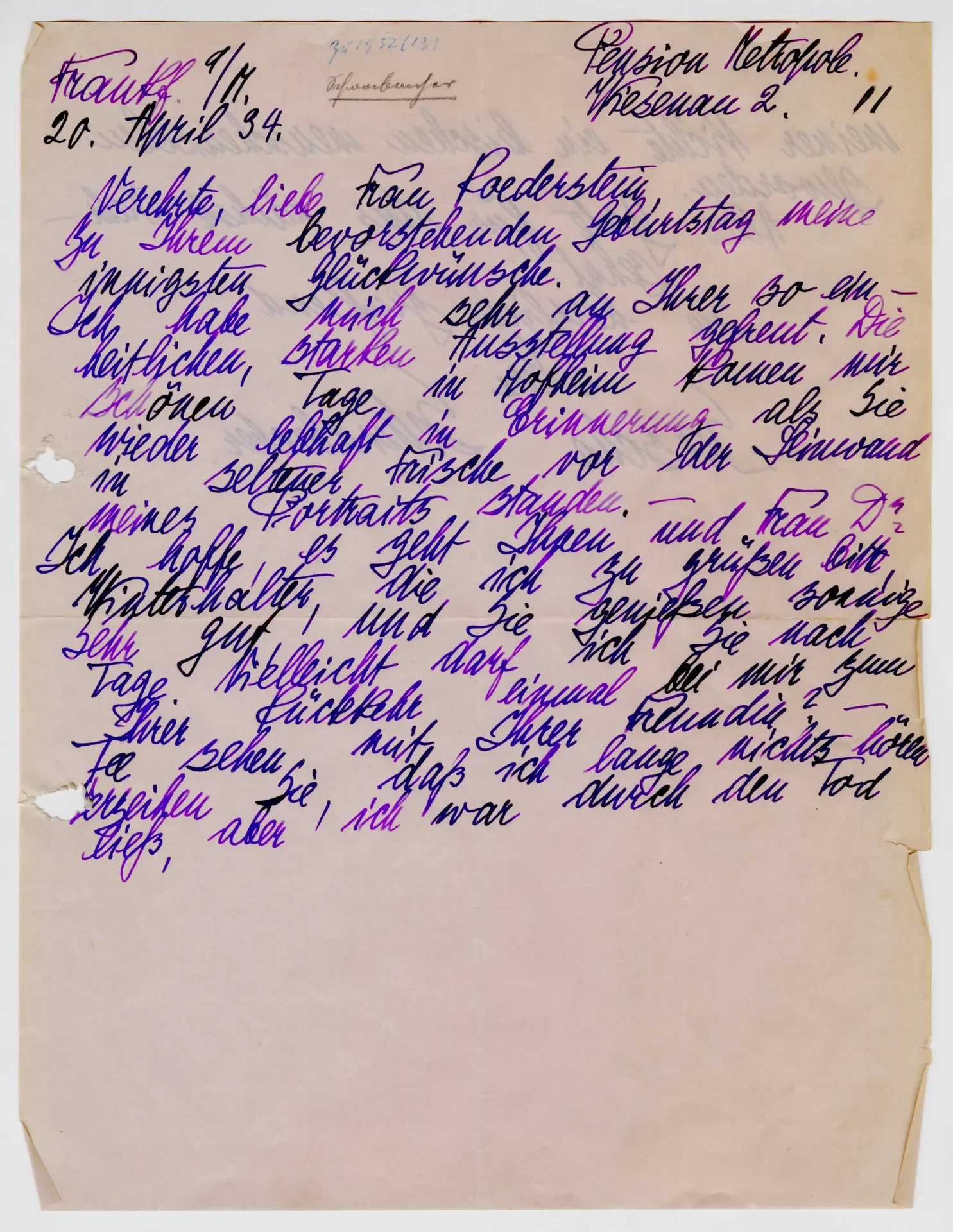 Brief von Sascha Schwabacher an Ottilie W. Roederstein, 20. April 1934
