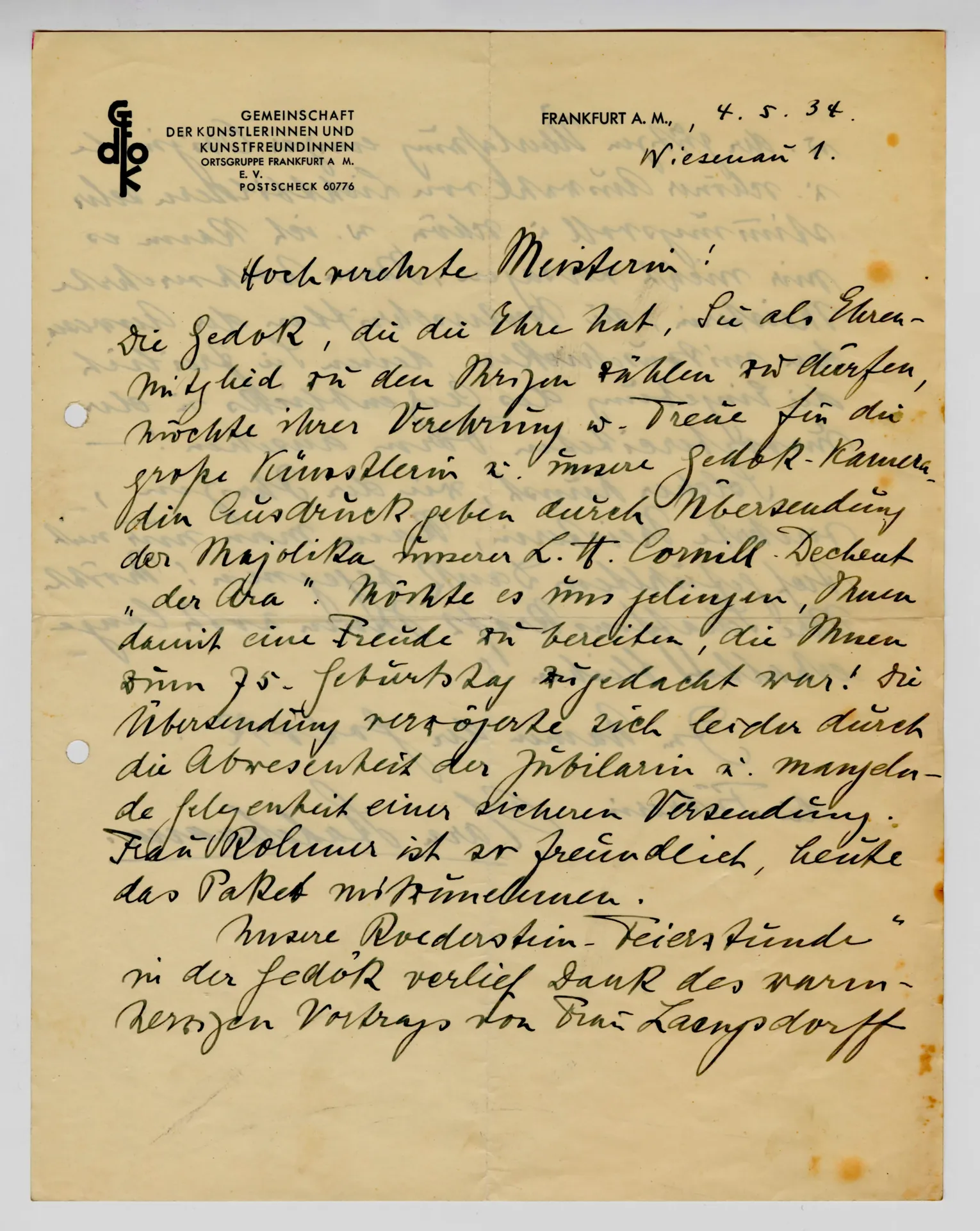 Brief von Clara Stadelmann, Führerin der GEDOK Frankfurt, an Ottilie W. Roederstein, 4. Mai 1934